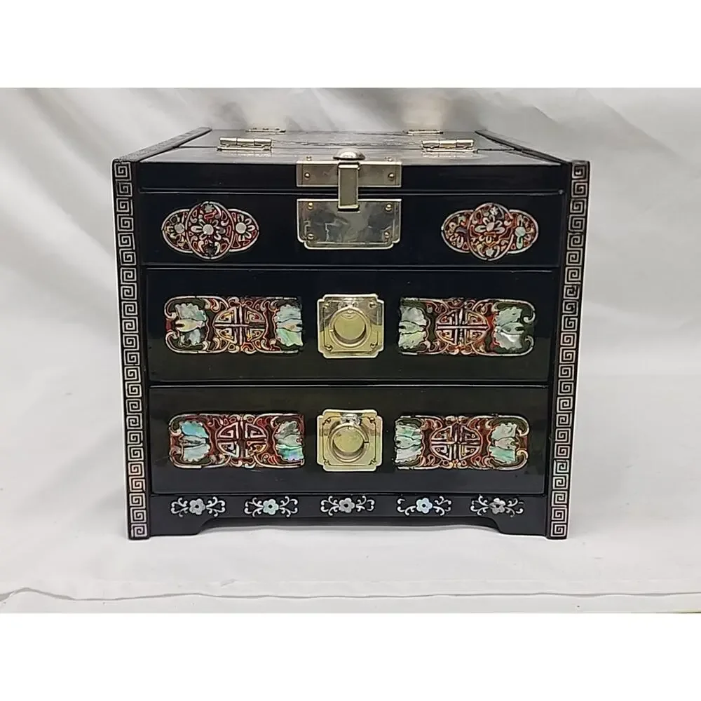 1950s Black Lacquered Wood & Mother Of Pearl Inlayed Small Dressing Box 11 x 7.5